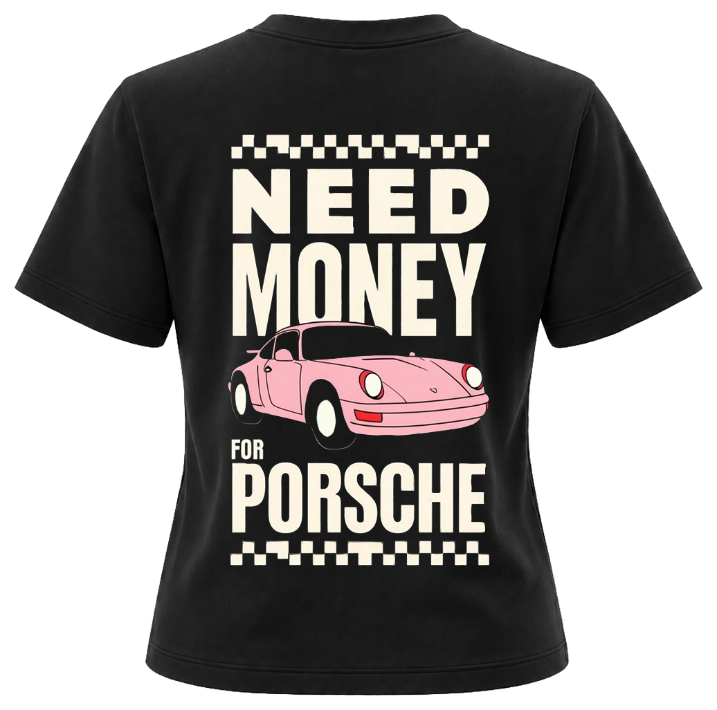 Tył czarnej koszulki Need Money for Porsche