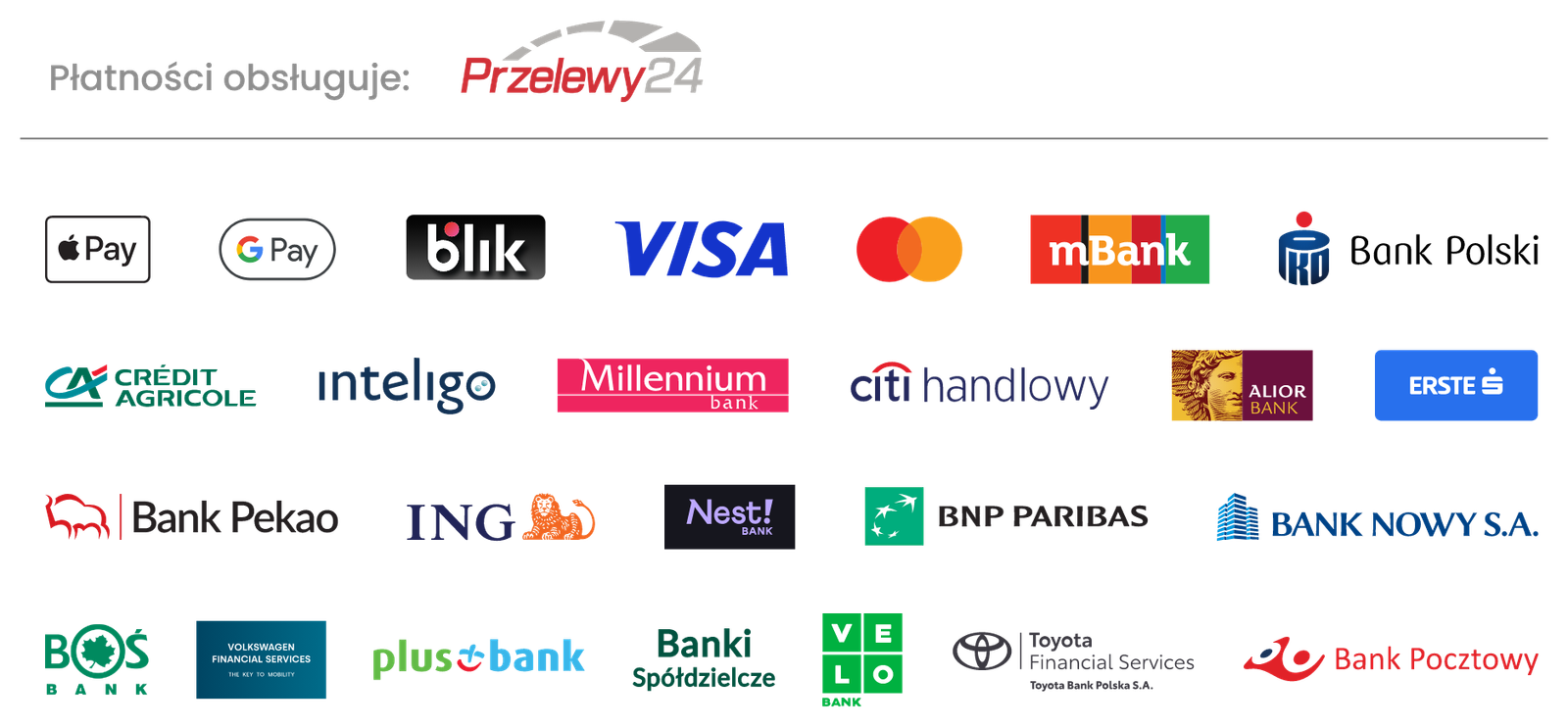 Płatności obsługuje Przelewy24: Apple Pay, Google Pay, BLIK, Visa, Mastercard oraz banki dostępne w systemie Przelewy24